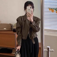 热卖 2025新款棕色皮衣外套女春秋新款宽松港风小个子短款夹克服上衣