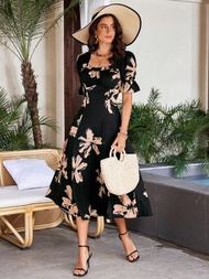 SHEIN VCAY 浪漫法式風格花卉剪影印花方領蓬蓬袖女長裙，適合早午餐和夏季假期