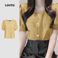 Lovito Casual Plain Button Front Summer Spring Yellow Blouse for Women L134ED146