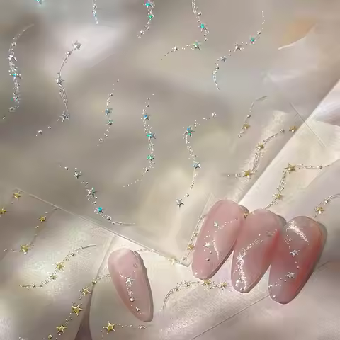 1Pcs 5D Gold Silver French Star Chains Nail Stickers Luxury Meteor Wavy Lines Self-Adhesive Nails De