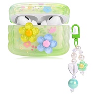 Cute Cases for AirPods Pro, Curly Wave Frame Shape Flowers Cover with Heart Bead Pendant for AirPods