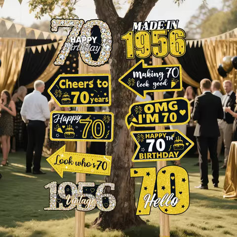 70th Birthday Party Photo Booth Props Black Gold Glitter 1956 Vintage Sign Cheer to 70 Years Adult B