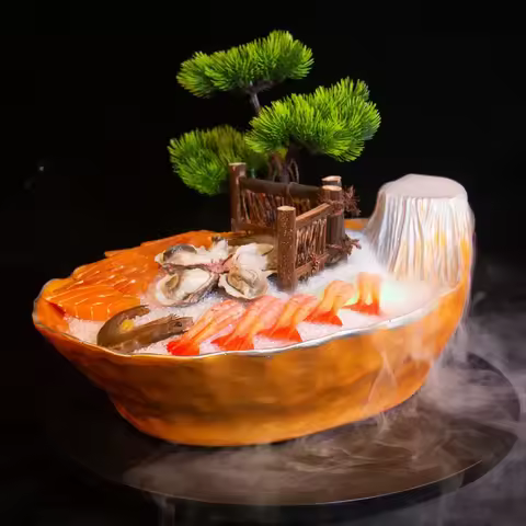 Salmon Sashimi Plate Dry Ice Tableware Fujiyama He Niu Hot Pot Restaurant Grilled Meat Seafood Platt