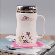 【上品居家生活】白色畫畫款 Hello Kitty 凱蒂貓 創意鏡面蓋 卡通風格陶瓷杯帶小湯匙/小勺子 (420ml)