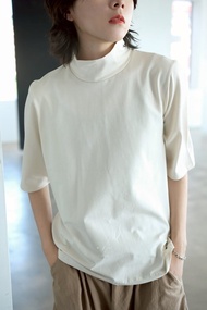 高空彈力小高領短袖 - 2色 - 高領米