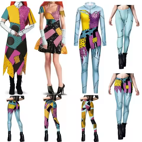 Halloween Anime Movie Sally Cosplay Dress Party Set Costume Christmas Women Slim Jumpsuit Catsuit Ze