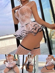 Conjunto De 3 Piezas De Lencería Sexy Para Mujer Con Sujetador De Soporte encaje blanco,medias blancas,moños vestido de novia,vestidos de noche elegantes,Set de Lencería Sexy para Mujer - Con Encaje Floral y Aro, Conjunto De Body Clásico Transparente con Liga y Abertura, Encaje blanco, De Encaje Confortable y de Malla Seductora,Bodys Sexy de MujerNovio de  Conjunto de lencería erótica femenina de malla de encaje ligueros blanco para mujer