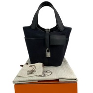 △ HERMES 愛馬仕 Black Canvas And Swift Calfskin Palladium Plated Metal Picotin Cargo 18 Stamp Z Handbag