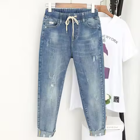 Spring summer Large size jeans women's stretch fat sister nine-point pants were thin high waist pant