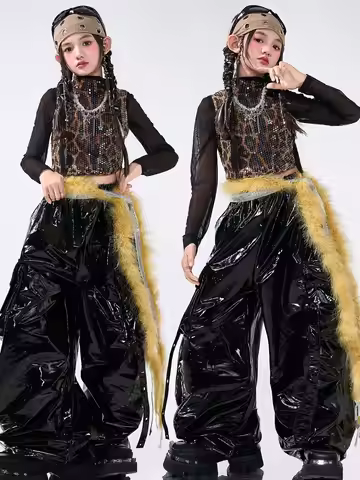 Jazz Dance Costumes Girls Leopard Sequin Vest Leather Pants Kids Hip Hop Kpop Performance Outfits Ca