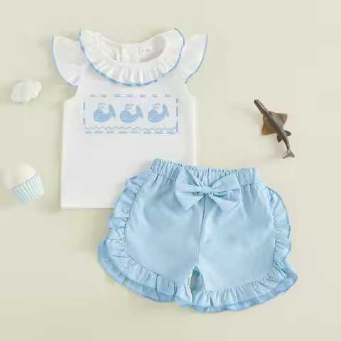 0-3Y Toddler Baby Girls Summer Outfit Cute Dolphin Embroidery Flying Sleeve Tops with Striped Shorts