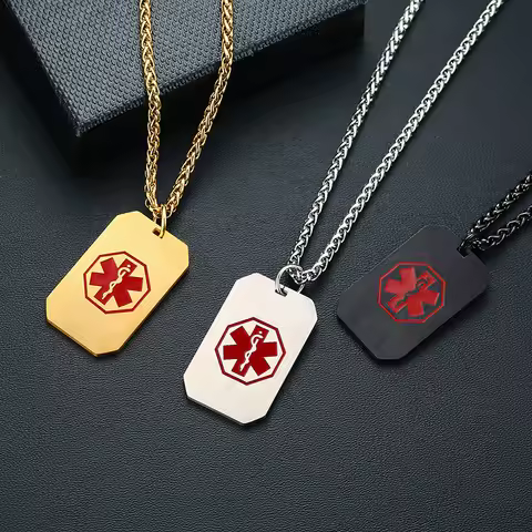Red Medical Alert ID Dog Tag Necklaces Personalized Free Custom Engraved Heart Pendant Emergency Mal