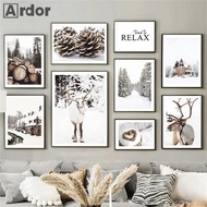 Cetak rumah musim sejuk pada kanvas, lukisan pokok pine dan gambar elak, poster seni dinding salju, 