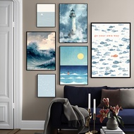 Living Room & Bedroom Decoration Unframed Watercolor Ocean Poster, Blue Tone Fish & Lighthouse Canva