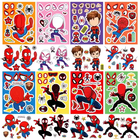 HOT 8Sheets Spiderman Cartoon Stickers Marvel Puzzle Make-a-Face Game Sticker DIY Children Assemble 