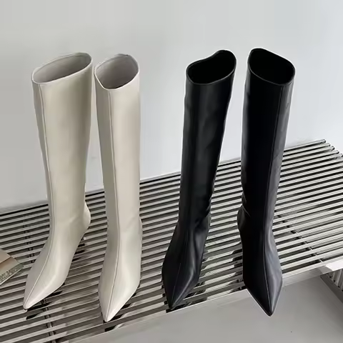 2026 Cosy Pointed Toe Woman Knee-High Boots Autumn Winter Slip-On Low Thin Heels Cowboy Ladies Shoes
