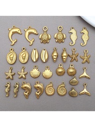 2pcs Stainless Steel Sea Animal Charm Golden 0cean Starfish Shell Dolphin Turtle Charm Summer Beach 