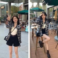 Áo sơ mi 1 túi kẻ caro tay dài phom rộng KUDOSHOP Sơ mi nữ tay bồng oversize cá tính