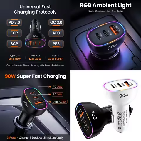 90W USB C Car Charger Fast Charging Multi Port Dual PD 30W Type C USB A 30W Adapter for Laptop MacBo