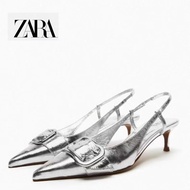 Zara Women's Shoes Silver Black Sheepskin Slingback Cat Heel Covered Back Empty Sandals 2274110