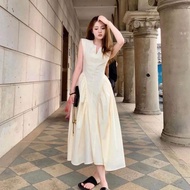 Đầm váy dress dáng dài xòe bồng cổ V xinh xắn nhún chiết eo sang chảnh 2 tone màu nhẹ nhàng thanh lị