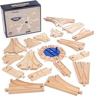 Switch Track Wooden Train Set (18 pcs.) - 8 Way Turntable Rail Station Accessory, Curved Switch Tracks, Basic and Advanced Pieces - Expansion Compatible with All Major Classic Toy Train Hobby Brands