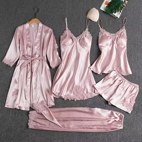 5PC Silk Robe Sleep Suit Womens Lace Satin Pajamas Gown Set V-Neck Cami Nighties Wear Pijama Home Ni