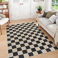Machine Washable 5x7 Area Rugs for Living Room Checkered, Non Slip Soft Low Pile Farmhouse Geometric