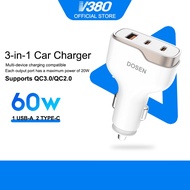 Dosen Car Charger 60W Fast Charging 3 Ports 1 USB 2 Type-C QC3.0 Compact Aluminum Shell 12-24V Safe 