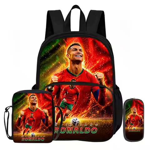 3Pcs set with Front Pocket Backpack Ronaldo Learn, Travel Football Star Shoulder Bags, Pencil Bag, S