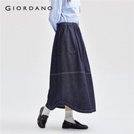 GIORDANO Women Skirts Elastic Waist Bright Seam Long Denim Skirts Exposed Seam Big Pockets Fashion C