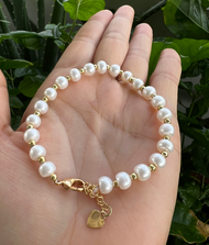 🍁[ TRANG SỨC ĐẸP ]Chuỗi tay ngọc trai 6 ly phối châu bi DKT-SILVERhàng shop gia công.bao đẹp. ( màu 