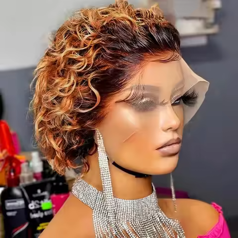 13*1 Part Lace Wig Pixie Cut Wig 1B/30 Brown Color Spring curl Short Bob Human Hair Wig For Women Na