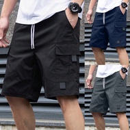 【蛮仔精品店】 Street Wear Overalls Shorts Men Loose Straight Multi-pocket Drawstring Five-point Casual Pan
