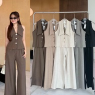 Moodie- ชุดเซ็ทขายาว 2 ชิ้น ชุดเซ็ทขายาวเสื้อคอปกแต่งกระดุมทอง เรียบหรูดูแพง งานคลาสสิค BETTY (B019)