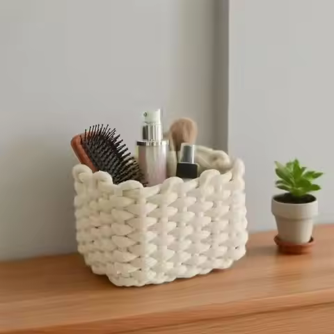 Handmade Cotton Rope Woven Storage Basket, Boho Style Desktop Organizer for Cosmetics Snacks Toys, H