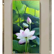 Lotus painting, vertical model 03, mirror-printed wood with border