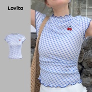 Lovito Casual Tshirt Embroidery Spring/summer Blue Tshirt for Women L151AD476 Lovito Kemeja Kasual S