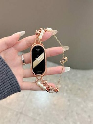1入組玫瑰金色人造珍珠手鍊表帶，適用於小米手環8/7/6/5/4/3和NFC版本，適用於女性