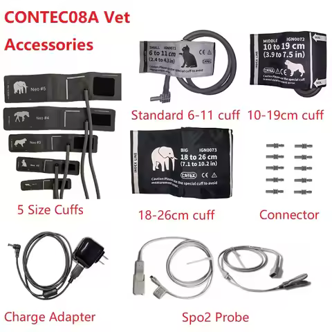 Accessories for CONTEC 08A Vet Use Blood Pressure Monitor, animal cuffs, Clip Spo2 Probe, Charge Ada