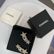 全新 Chanel 香奈兒 星星 耳釘 經典 水鑽 淡金 雙C Logo 針式 耳環 Crystal Light Gold Earrings