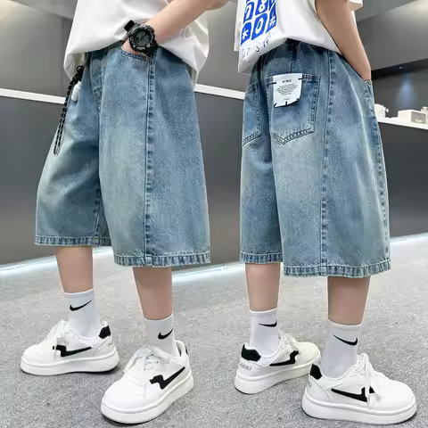 Summer Kids Child Casual Retro Blue Denim Shorts for Boys Baggy Jeans Capris Knee Length Pants Size 