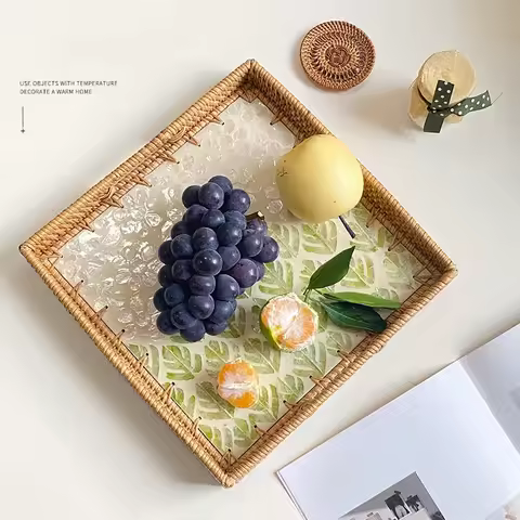 Luxury Square Shell Premium Tray Handmade Rattan Colorful Picnic Fruit Basket Kitchen Storage Set Ho