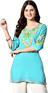 Women's Embroidered Kashmiri Tunic Top, Short Kurti on Jeans, V-Neck, 3/4 Sleeve, Floral Design