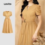 Lovito Casual Dress Pleated Spring/summer Yellow Dress for Women L157ED377 Lovito Gaun Kembang Kipas