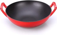 Fry Pan Wok cast Iron red Enamel Wok Less Fume Thickened Binaural Cooking pan Induction Cooker Universal Nonstick Metal Utensil Saucepan Frying Pan (Size : 34CM) () interesting