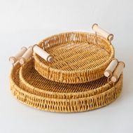 Rectangular/Round Tray with Wooden Handle PP Rattan Tray Bread Basket Coffee Table Decoration Tray