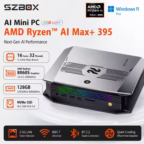 SZBOX AI Mini PC AMD Ryzen Al Max+ 395 Windows 11 Pro 128GB LPDDR5X NVMe SSD 2.5G LAN WiFi 7 BT5.2 M