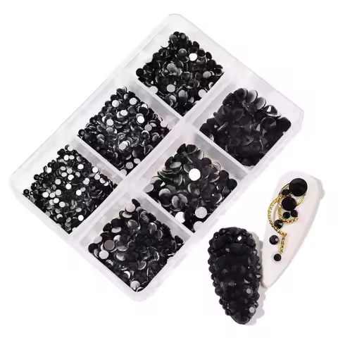 6 Grids/Box Black Rhinestones 3D Flat Bottom Mixed Size SS4-SS16 Nails Accessories for Manicures DIY