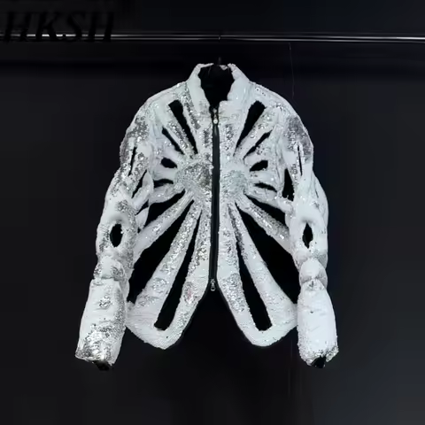 HKSH Autumn Winter New Men Trend Hollow Out Sequined Loose Jacket High Street Punk Fashion Stage Per